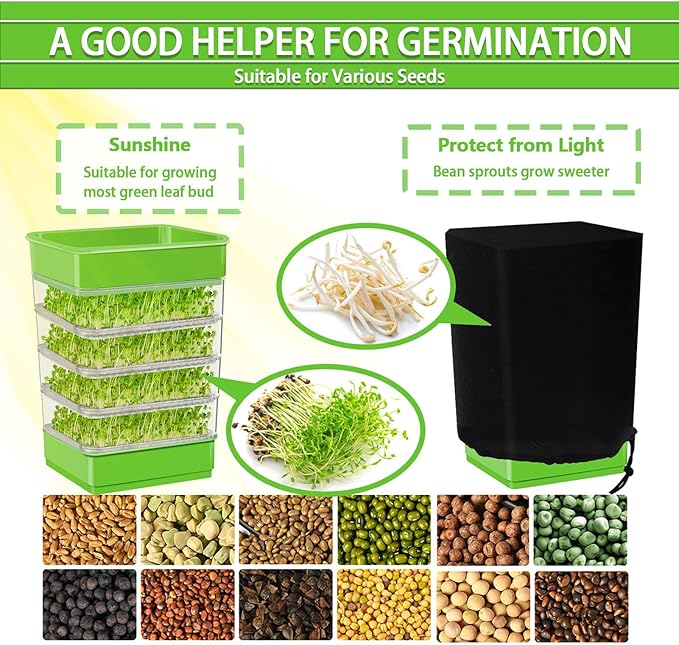 4-Tier Seed Sprouting Kit with Drain Holes and Drain Tray, Upgrade Stackable Microgreens Fresh Organic Bean Seed Sprouter Tray Ripple Soil-Free Sprouter Tray for Beans Alfalfa Seeds