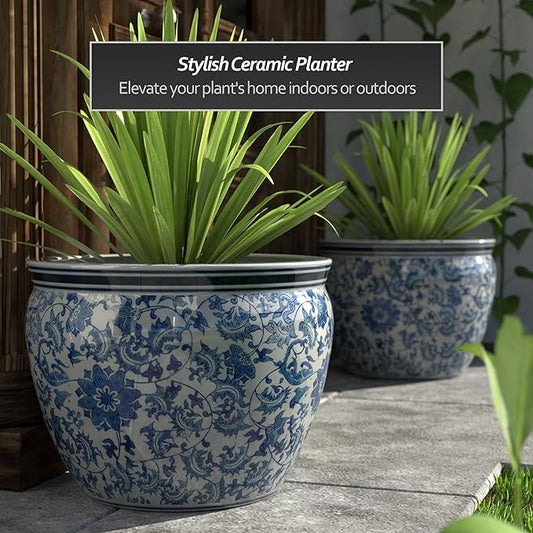 Red Lantern Large 22" Porcelain Fishbowl Blue & White Floral Planter