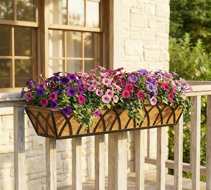30 Inch Window Deck with Coco Liner, Fence Metal Hanging Flower Planter Window Basket Deck Railing Planter Boxes for Outdoor Garden Lawn,30" Window Boxes Horse Trough with Coconut Coir Liner, 4pcs