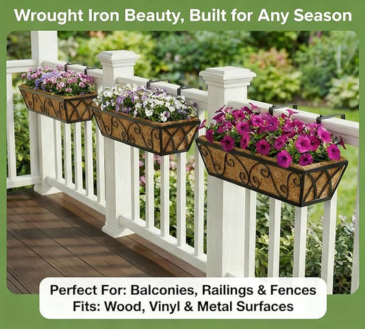 Y&M 24 Inch Window Deck with Coco Liner, Fence Metal Hanging Flower Planter Window Basket Deck Railing Planter Boxes for Outdoor Garden Lawn-Butterfly,6pcs