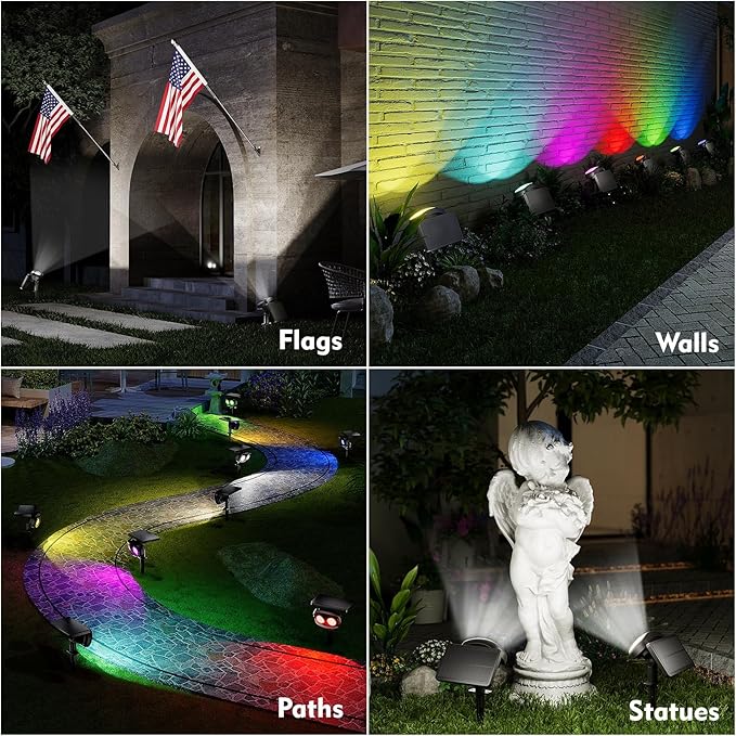 Solar Spot Lights Outdoor Waterproof IP68, RGB Colors Changing Solar Lights with 4 Lighting Modes, Solar Powered Lights Outdoor for Garden Yard Outside Landscape (4Pack)