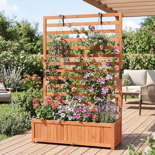 HAPPYGRILL Raised Garden Bed with Trellis, 59" Tall Wooden Elevated Planter Box w/Liner, Drainage, Detachable Base Panel for Climbing Plant Vine Flower, Outdoor Planter w/Trellis for Patio (1)
