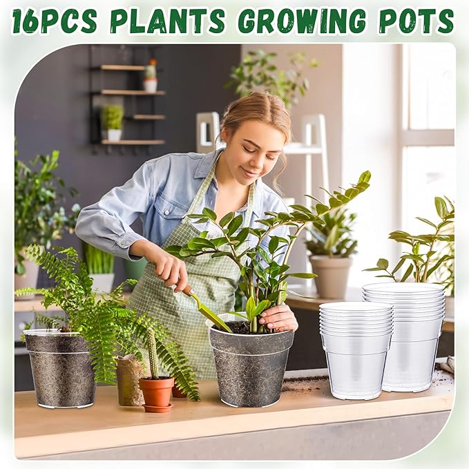 Maxcheck 16 Pcs Thick Clear Nursery Pots for Plants Transparent Plastic Garden Pots with Holes for Seedling Variety Plants Growing in Garden Home (8+9 Inch)