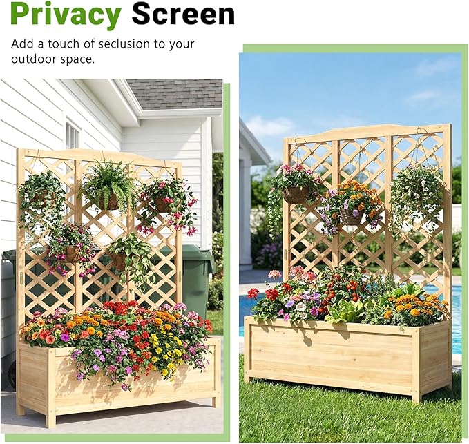 DoCred Raised Garden Bed with Trellis, 44" L x 16" W x 59" H Freestanding Elevated Planter Box for Climbing Plants, Outdoor Wooden Privacy Screen with Garden Box for Backyard Patio Balcony Decor
