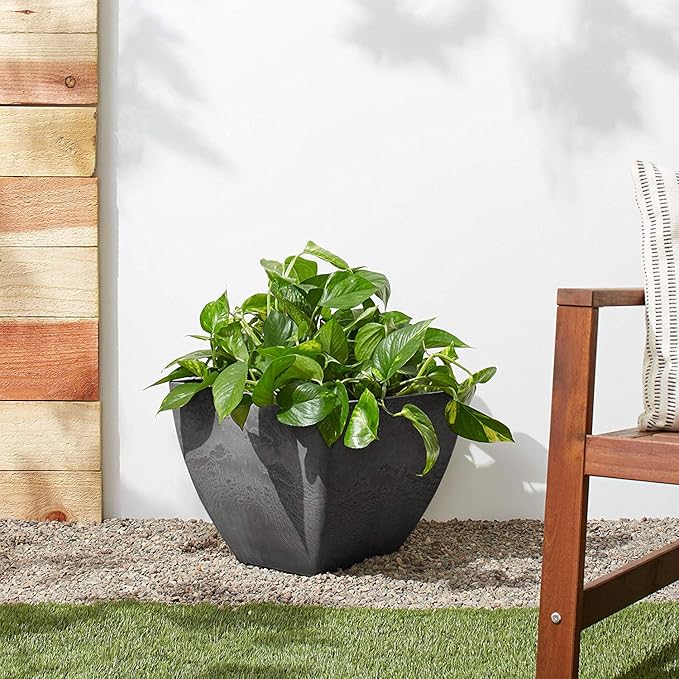 PSW Pot Collection 16x13 inch Plastic/Stone/Wood Composite Square Planter – No Drainage Hole (Drillable), Modern Indoor/Outer Pot for Flowers, Foliage, Succulents, Fairy Gardens, Dark Charcoal