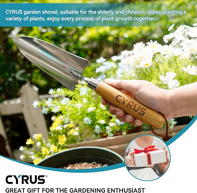 CYRUS Garden Shovel with Measurement Mark,Small Shovels for Gardening with Ash Wood Handle,12.4''Stainless Steel Hand Shovel Garden Spade Potting Soil Scoop for Gardening Planting,Transplanting