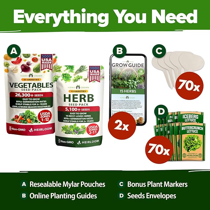 HOME GROWN 70 Variety Vegetable & Herb Seeds 32,000+ USA Non-GMO Heirloom Survival Seeds Garden Kit for Spring, Fall, Winter Indoor & Outdoor Planting Starter Set for Home Gardeners & Preppers