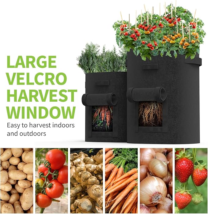 Fosmon Garden Potato Grow Bags with Flap 7 Gallon (4 Pack), Heavy Duty Non-Woven Fabric Planter Bag with Handles & Harvest Window Plant Grow Pot Bag for Tomato Carrot Onion Vegetable Garden Planting