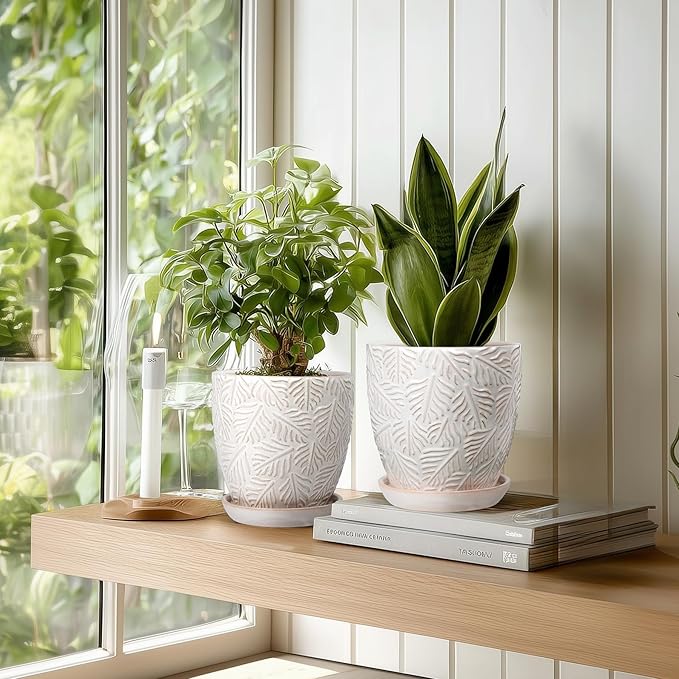 EFISPSS Ceramic Plant Pots, 6 Inch Ceramic Planter Pot with Drainage Hole and Saucer, Indoor Modern Flower Pots, Set of 2 - White