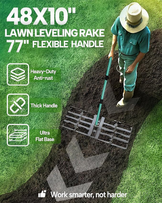 Breeze Touch Lawn Leveling Rake 48x10 Weighted & Collapsible Plate, Heavy Duty Yard Leveler Rake with 77" Adjustable Stainless Steel Handle, Lawn Tools for Gardening, Golf Course, Farm, Pasture