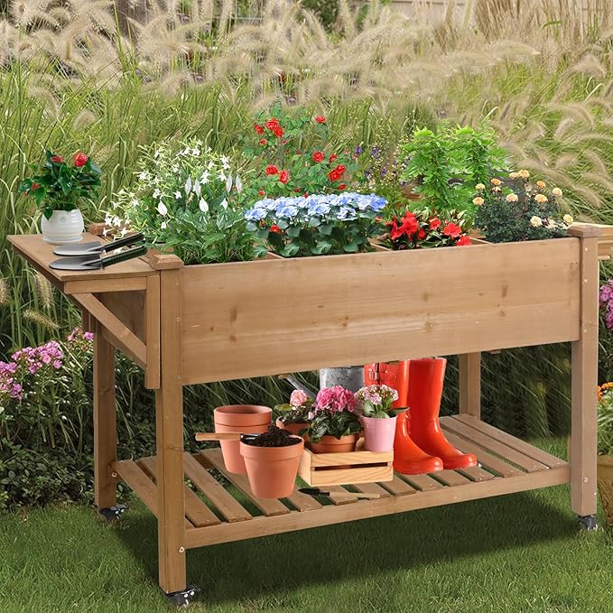 Raised Garden Bed,Herb Garden Planter Outdoor with Lockable Wheels, Storage Shelf, Protective Liner, for Herbs, Vegetables, Flowers,Outdoor Patio, Deck, Balcony,55.5x24x32 in