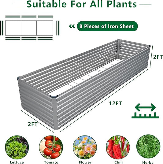 12x2x2FT Galvanized Raised Garden Bed Kit,Vegetable Plant Boxes-Rectangle Metal Flower Box,Large Planter Raised Beds Outdoor Garden for Planting,Fruit,Herb-Silver