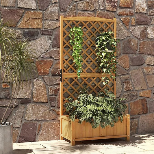 HAPPYGRILL 2 Pcs Raised Garden Bed, 71" Wooden Planter Box with Trellis, Drainage Holes, Freestanding Elevated Garden Bed for Vine Climbing Plants (Yellow)