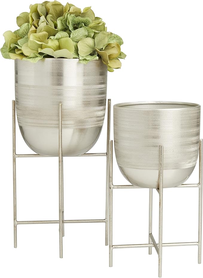 Deco 79 Metal Indoor Outdoor Planter Small Planter Pot with Removable Stand, Set of 2 Planters 6", 5"W, Silver