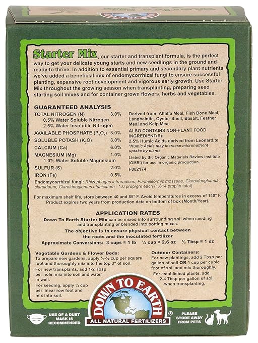 Down To Earth All Natural Fertilizers Organic Starter Mix - Plant Food for Starts, Transplants, New Gardens, Containers 3-3-3, 1 lb