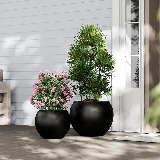 DTY Mount Sherman 16.1'' D x 13.6'' H (Pot Opening 11.8") Fiberstone Round Planter with Drainage Hole, Smooth Finishes, Weather Resistant for Indoor and Outdoor, 2 Extra Coco Mats - Black, Medium