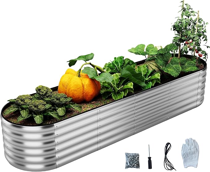 Galvanized Metal Planter Round Raised Garden Bed Kit for Gardening Outdoor Galvanized Planter Outdoor 1PC METAL8X2X1FT