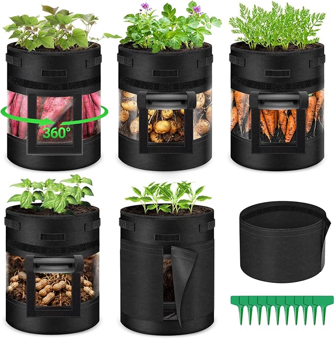5 Pack 10 Gallon 360° Visible Potato Grow Bags with Shading Flap & Harvest Window – Heavy Duty 400g Non-Woven Fabric Potato Bags for Growing Potatoes with 10 Green Labels, Potato Growing Containers