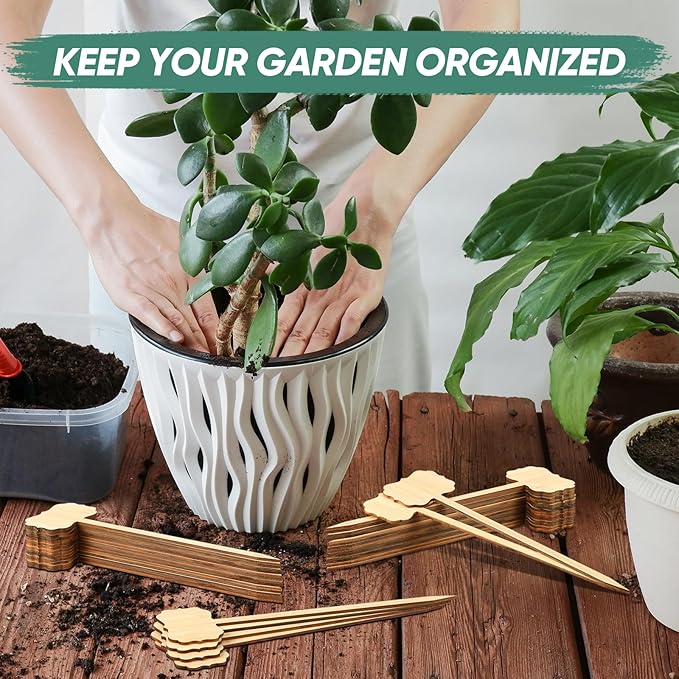 50 Pcs Bamboo Plant Labels 8 Inch Extra Long Plant Tags for Seedlings Garden Markers with Pen T-Type Tags Waterproof Nursery Garden Signs for Outdoor Flower Herb Potted