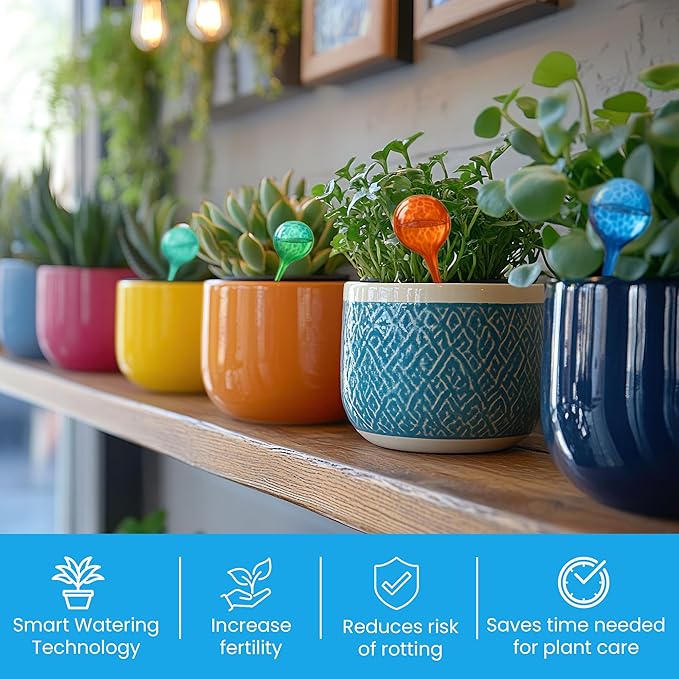 Automatic Plant Watering Globes Self Watering Planter Inserts (Set of 6) | Hands Free Multicolor Glass Bulbs | Planter Spikes to Support Indoor & Outdoor Plant Health (350ml)