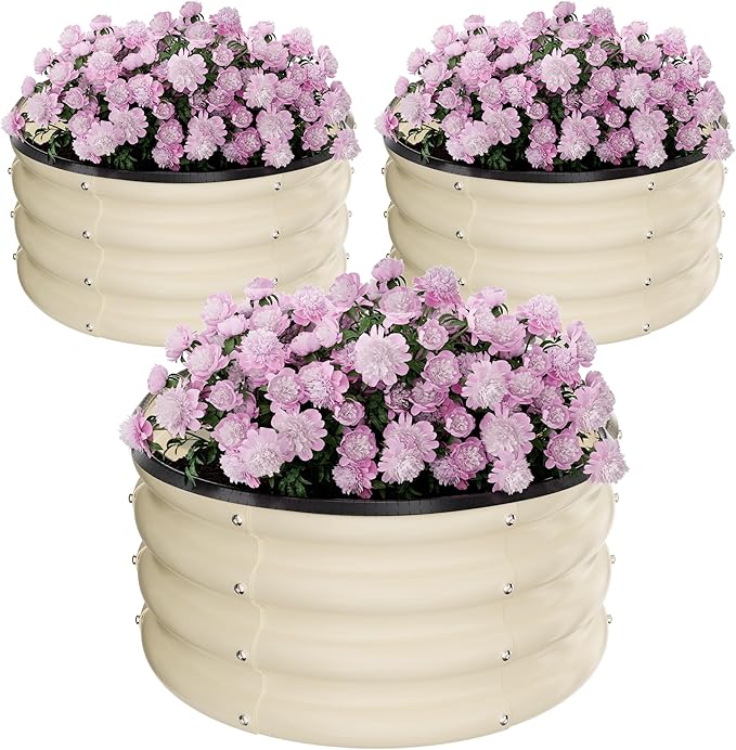 Round Galvanized Raised Garden Bed Kit, 3 Pcs 2 x 2 x 1ft Pearl White Galvanized Garden Boxes, Outdoor for Vegetables