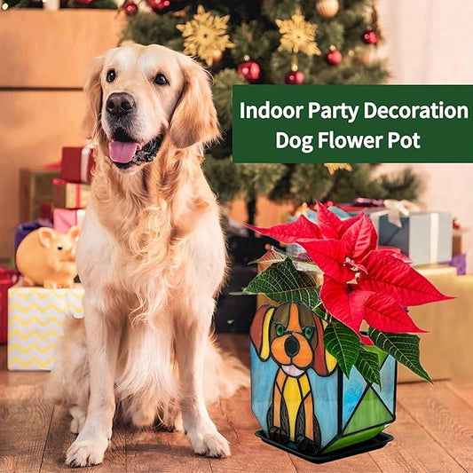 Tiffany Style Dog Planter,Indoor Plant Pots with Drainage,Unique Cactus Pot,Arrange Dried Flowers Flower Pots,Plant Gifts for Dog Lovers