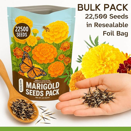 22,500+ Bulk Marigold Seeds Mix Cempasúchil - Tagetes erecta & T. patula|High Germination Rate, Resealable Pouch, Flower Seeds for Beds, Borders & Companion Planting (2.5oz)