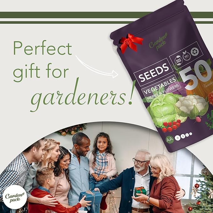Garden Pack Vegetable Seeds Pouch - 50 Varieties of Vegetable, Herb & Flower Seeds for Planting - 25,000 Non GMO Heirloom Seeds - Gardening Gifts for Men and Women