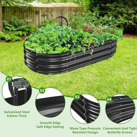 Oval Galvanized Planter Box, Metal Raised Garden Bed - 0.8MM Thick- Ideal for Outdoor Gardening and Planting of Vegetables Flowers Fruits Succulent Plants and Others (Black, 5X2.7X1 FT)