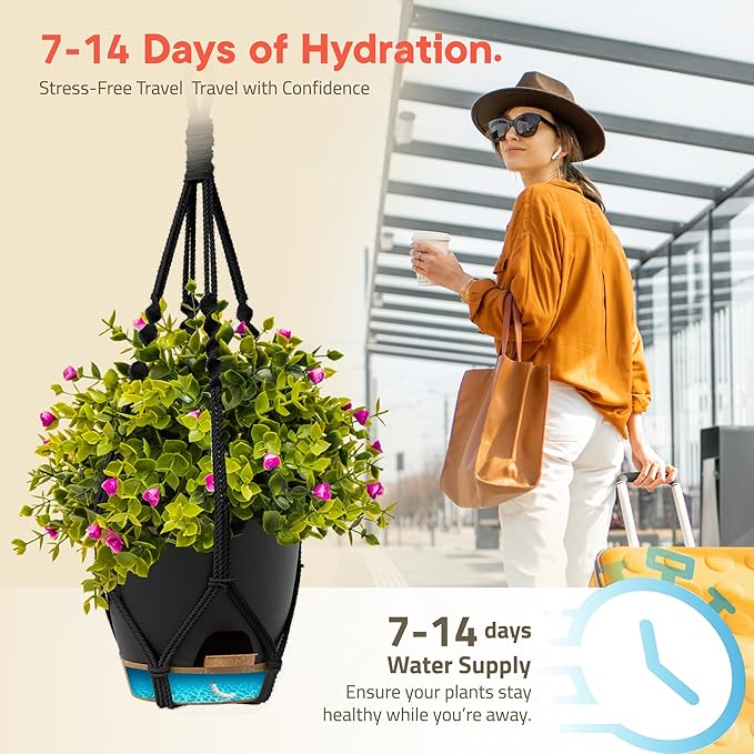 Black Hanging Self Watering Pots with Macrame Black Rope, 3 Pack Indoor & Outdoor Hanging Plant Pots with Built-in Reservoir, Wick Rope, Drainage Holes & Hooks, Stylish Boho Decor Hanging Planter