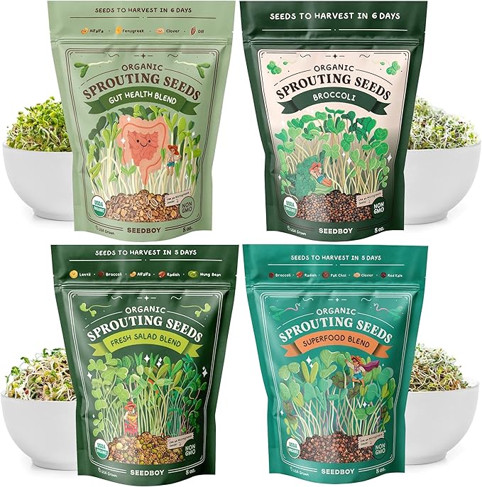 Seedboy Organic Non-GMO Sprouting Seeds, 4-Variety Pack - Salad, Superfood, Broccoli and Gut Health Blends - Four 8 oz Bags Make 32 Quarts, 96 Servings (Essential Pack)