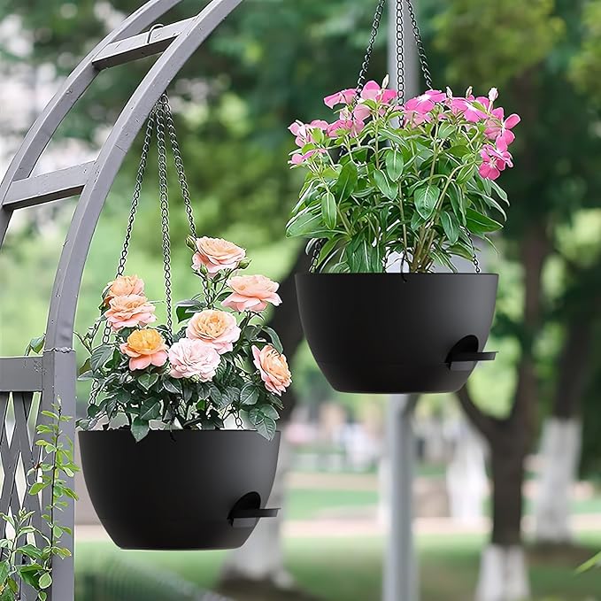 Set of 3-10 Inch Self Watering Hanging Planters for Indoor & Outdoor,Hanging Plant Pots with Drainage & Removable Tray, Hanging Pots Holder for Ivy, Spider Plants, Ferns, Balcony & Patio, Black