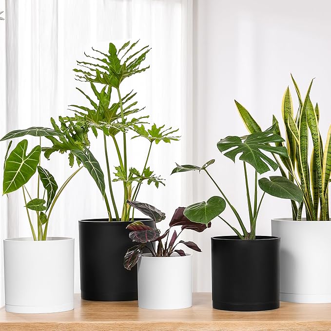 FaithLand 14-Inch Large Modern Cylinder Planter, Thick-Walled Plastic Plant Pot with Drainage Holes and Detachable Saucer, Matte Black, Ideal for Indoor & Outdoor Plants Flowers