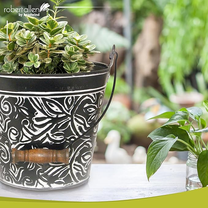 Headwind Robert Allen Vintage Floral Metal Planter with Handle, 12-Inch, Charcoal â Lightweight Indoor/Outdoor Flower Pot with Drainage Hole
