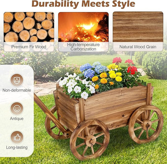 Giantex Wood Wagon Planter, Rustic Rolling Flower Pot Stand with Wheels, Handle & Drainage Hole for Growing Vegetables Herbs, Indoor Outdoor Decorative Cart for Patio Balcony Garden
