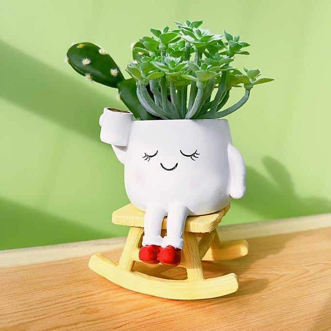 Cute Rocker Planter Small Succulent Pot Handmade Smiling Face Planter Pot Lightweight Resin Head Plant Pot with Drainage Hole 1Pack