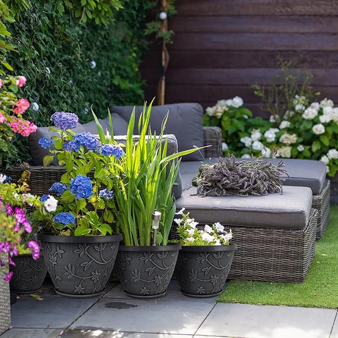 4 Pack 8 Inch Flower Pots for Outdoor Indoor, Plastic Plant Pots with Drainage Hole & Saucer, Lightweight Small Resin Flower Pot, Imitation Magnolia Pots for Garden House planters(Gray)