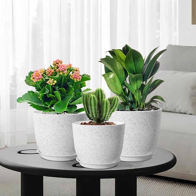 Large Flower Pots 12/10/9 inch, Set of 3 Modern Decorative Plastic Planters with Drainage Holes and Saucers for Garden House Plants, Plant Pots for Indoor Outdoor Plants, Speckled White