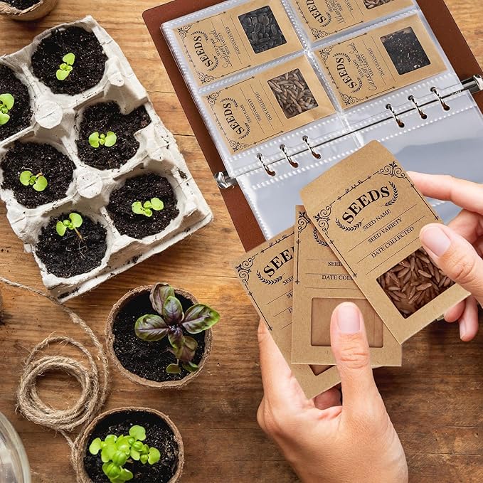 Seed Storage Organizer,100 Packets Seed Organizer Binder with 50Pcs Kraft Adhesive Seed Storage Envelopes with Window for Flower Garden Vegetable Collection