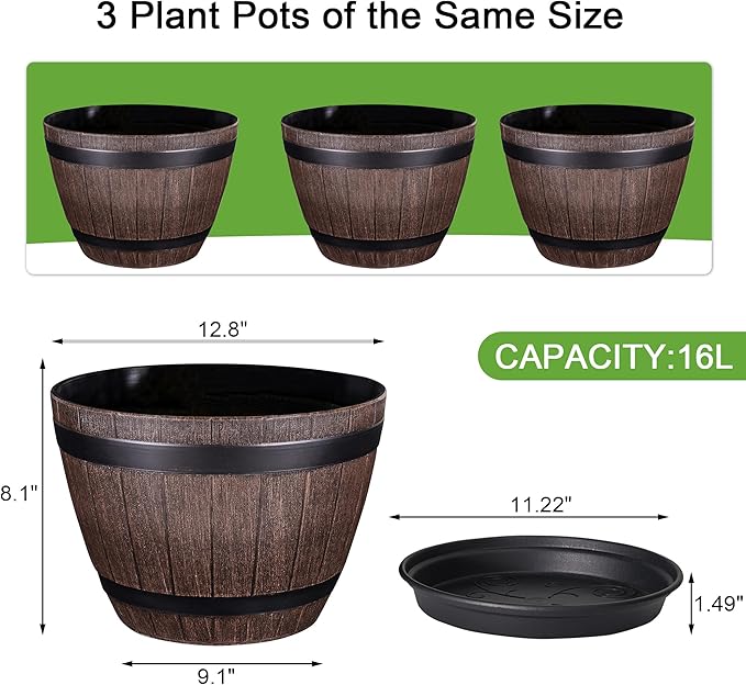 VECELO Plant Pots with Drainage Holes & Saucer, 13 Inch Flower Pots with Tray, 3 Pack Plastic Whiskey Barrel Planters for Indoor & Outdoor Garden Home Plants and Flowers