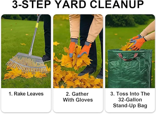 3-Piece Leaf Rake Kit – Adjustable Heavy-Duty Yard Rake with 25 Tines (36–73"), 32-Gal Tear-Resistant Bag & Leather Gloves – Fall Cleanup Set for Lawn, Shrubs & Gardens