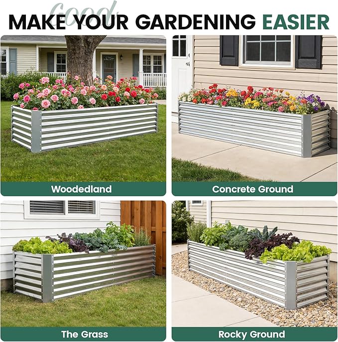 G GOOD GAIN 8x2x2 ft Galvanized Raised Garden Bed Kit, Large Metal Planter Box Outdoor for Vegetables, Flowers, Herbs, 24" Tall 240 Gallon Capacity Deep Root Design, Silver