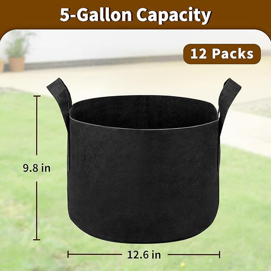 12 Pack 5 Gallon Grow Bags, Heavy Duty 300g Nonwoven Fabric Plant Pots with Reinforced Handles, Breathable Tomato Potato Vegetable Grow Bags for Garden & Patio - Black