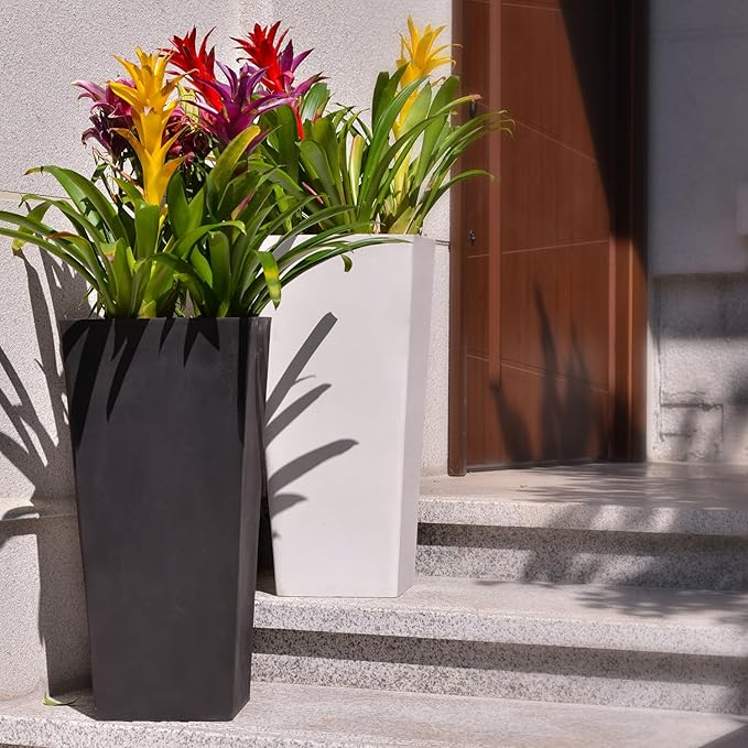 GreenShip 27 inch Tall Planters for Indoor Outdoor Plants, Set of 2 - Large Whitestone Flower Pots with Drainage & Inner Shelf, Modern Decorative Garden Pots for Porch, Patio, Front Door