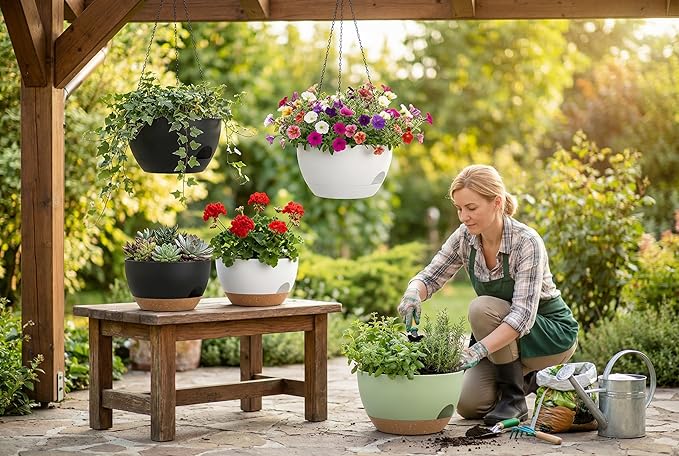 Hanging Planters 3-Pack, 8 Inch Self-Watering Hanging Pots with Drainage Hole and Chains, Plastic Planters for Indoor Outdoor(Black Brown)