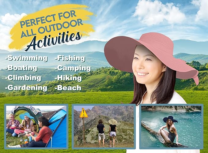 Women's Wide Brim UPF 50+ Straw Sun Hat with Bow - Foldable Packable Summer Beach Hat with Chin Strap