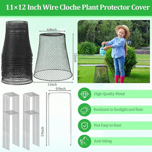 Therwen 20 Pcs Large Chicken Wire Cloche Plant Protector Cover 11x12 Inch Metal Garden Cloche Dome for Plants Wire Protection Basket with Garden Stakes Plant Cages from Animals (Black)
