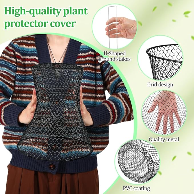 Therwen 20 Pcs Large Chicken Wire Cloche Plant Protector Cover 11x12 Inch Metal Garden Cloche Dome for Plants Wire Protection Basket with Garden Stakes Plant Cages from Animals (Black)