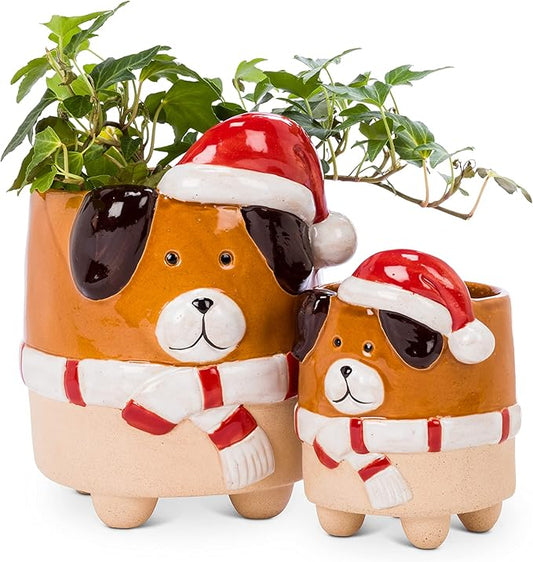 Abbott Collection 27-CRITTER-971-LG Large Dog with Santa Hat Planter, 6" H