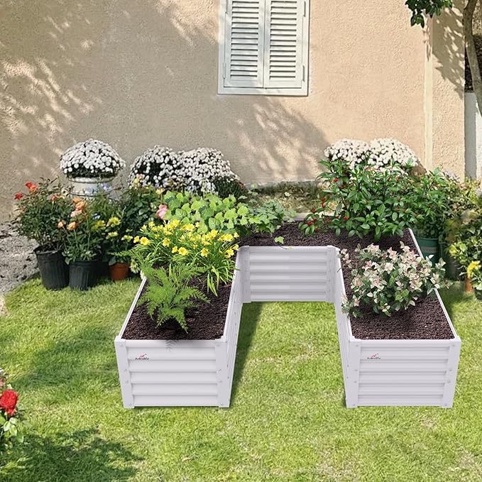 A ANLEOLIFE 6 Set U-Shaped Galvanized Raised Garden Beds Outdoor,6x6x1.5ft Large Metal Planter Box for Planting Vegetables Flowers Herb, Anti-Rust & Easy-Setup, Antique White